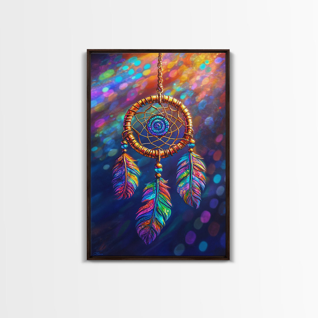 Rainbow Feather Dreamcatcher Wall Art, Boho Wall Decor, Spiritual Art, Celestial Decor, Whimsical Gift, Framed Canvas Print