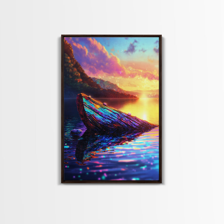 Iridescent Driftwood Boat On Mountain Lake Canvas Print, Sunset Landscape Art, Coastal Wall Decor, Colorful Nature Print