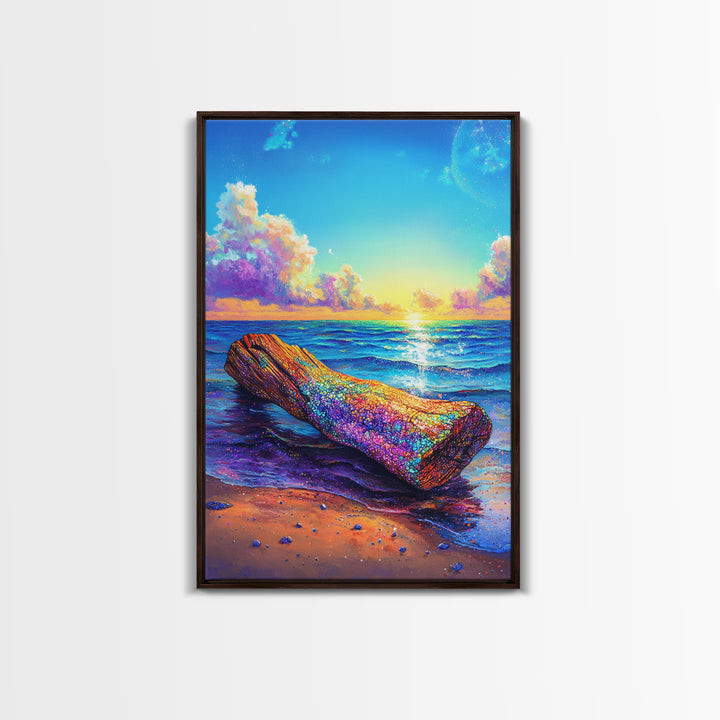 Rainbow Driftwood Log On Sunny Ocean Beach Canvas Print, Coastal Wall Art, Seascape Decor, Beach House Art, Large Wall Decor