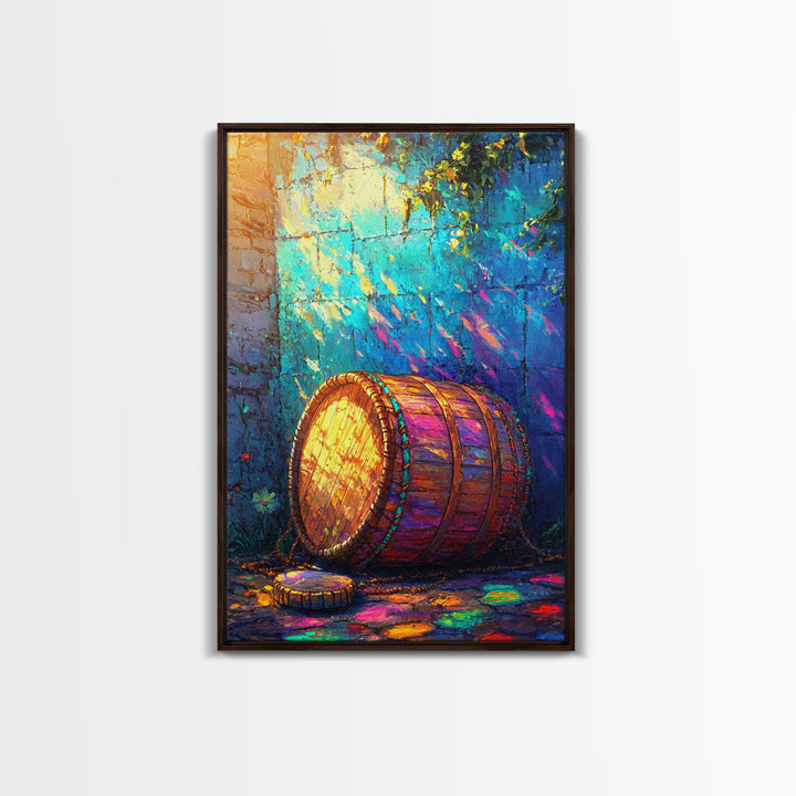Sunlit Wooden Barrel Against Turquoise Wall Canvas Print, Rustic Kitchen Wall Art, Farmhouse Decor, Colorful Courtyard Print