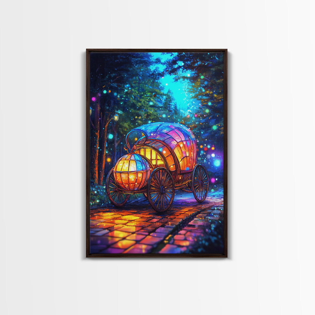 Glowing Pumpkin Carriage In Forest Canvas Print, Fairytale Wall Decor, Whimsical Nursery Art, Fantasy Room Decor Gift For Girls Room