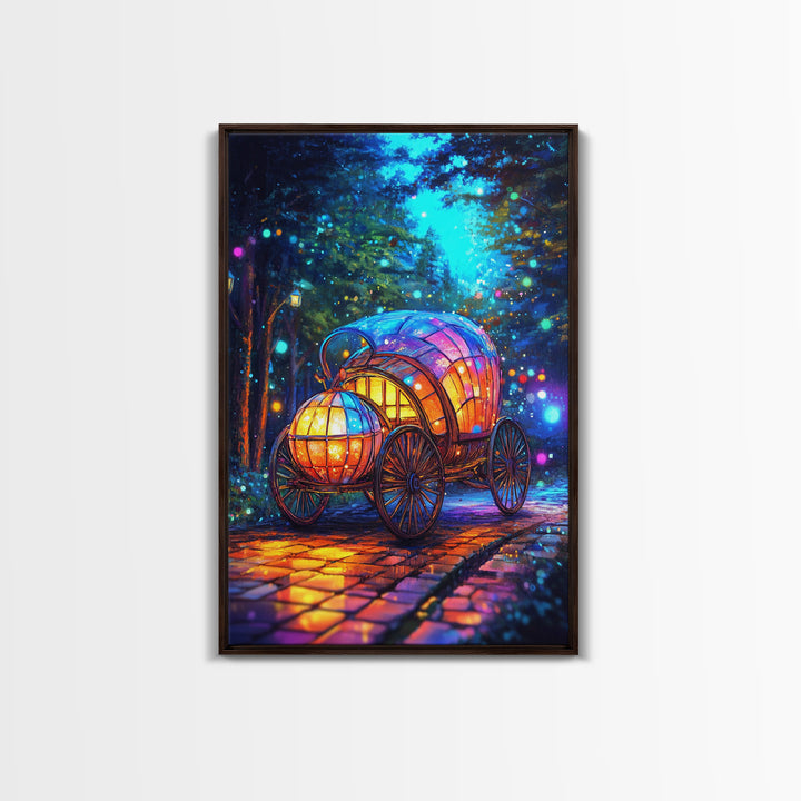 Glowing Pumpkin Carriage In Forest Canvas Print, Fairytale Wall Decor, Whimsical Nursery Art, Fantasy Room Decor Gift For Girls Room
