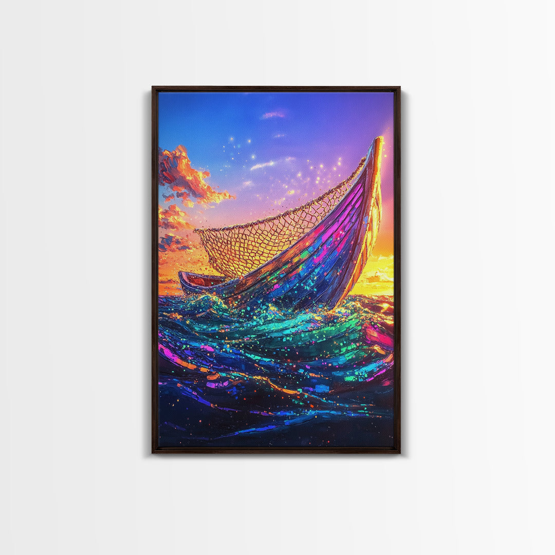 Glowing Fishing Boat At Sunset Framed Canvas Print, Ocean Wall Art, Coastal Decor, Nautical Seascape, Beach House Living Room Decor Gift