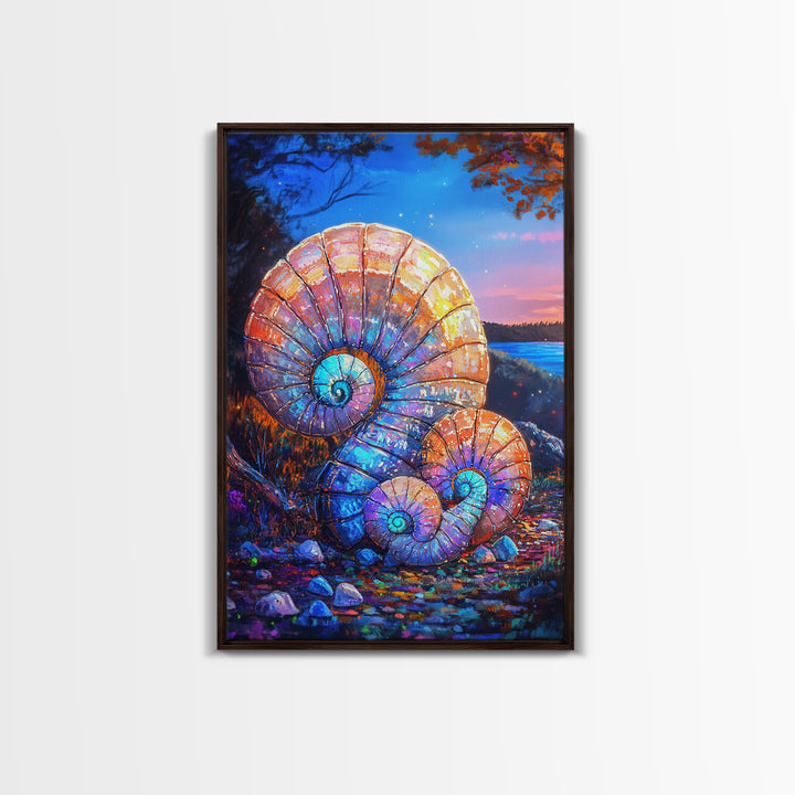 Glowing Nautilus Shells By Twilight Lake Framed Canvas Print, Coastal Wall Art, Seashell Decor, Beach House Gift, Ocean Wall Decor