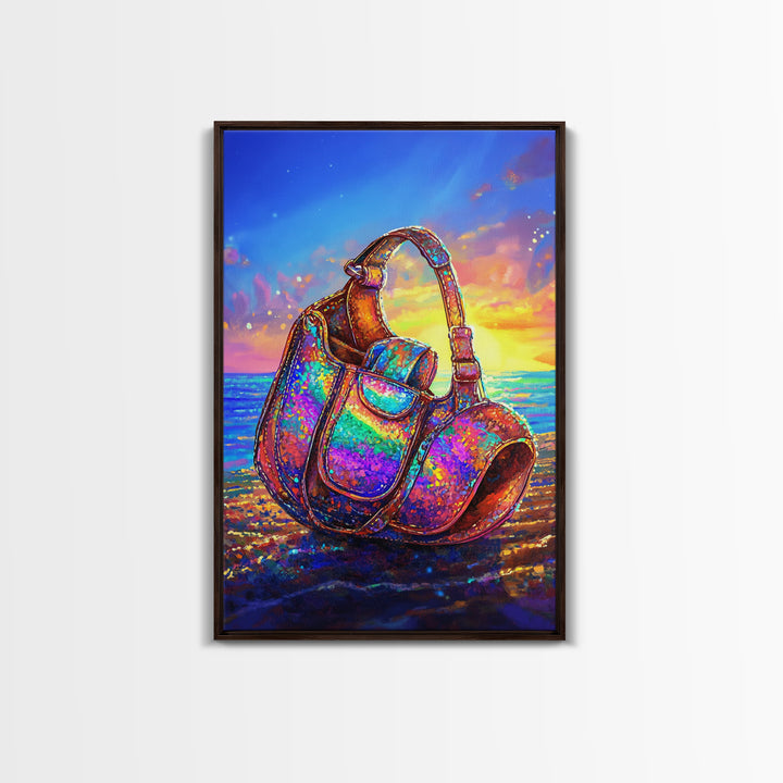 Iridescent Headphones On Sunset Beach Canvas Print, Music Studio Wall Art, Ocean Decor, Gamer Room Decor, Gift For Him, Art Gift