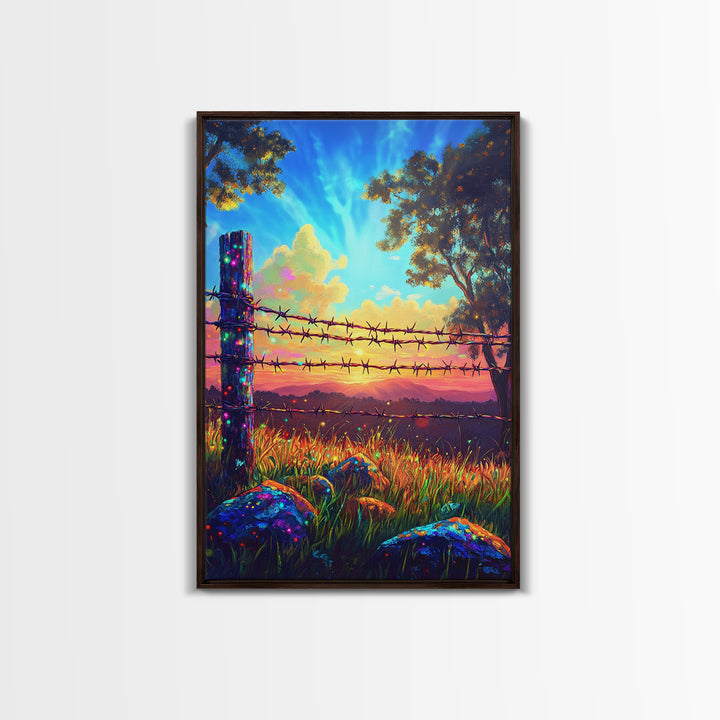 Barbed Wire Fence At Sunset Meadow Canvas Print, Rustic Western Wall Art, Farmhouse Decor, Country Landscape Housewarming Gift
