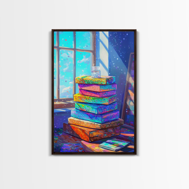 Rainbow Stack Of Books By Sunny Window Canvas Print, Cozy Bookstore Wall Art For Library Decor And Reading Nook Home Decor Gift