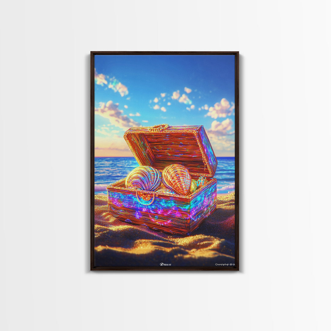 Glittering Seashell Treasure Chest Canvas Print, Coastal Beach House Decor, Ocean Wall Art, Nautical Gift For Her Home Decor