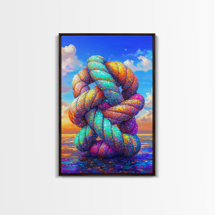Rainbow Twisted Knot Sculpture In Ocean Framed Canvas Print, Colorful Abstract Art, Modern Wall Art, Statement Home Decor