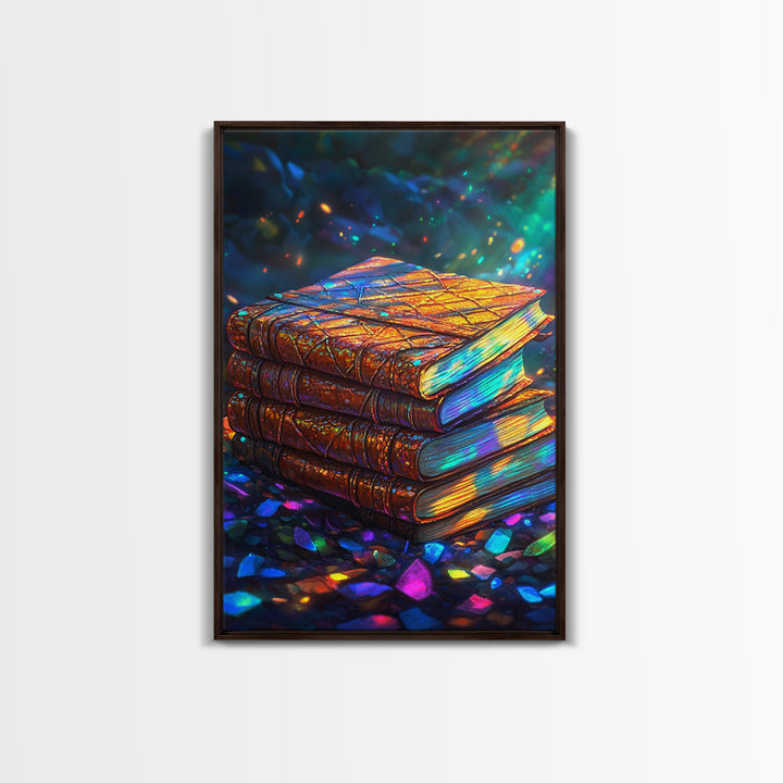 Glowing Antique Books Stack Canvas Print, Bookish Wall Art, Cozy Library Decor, Dark Academia Gift For Book Lover, Home Decor