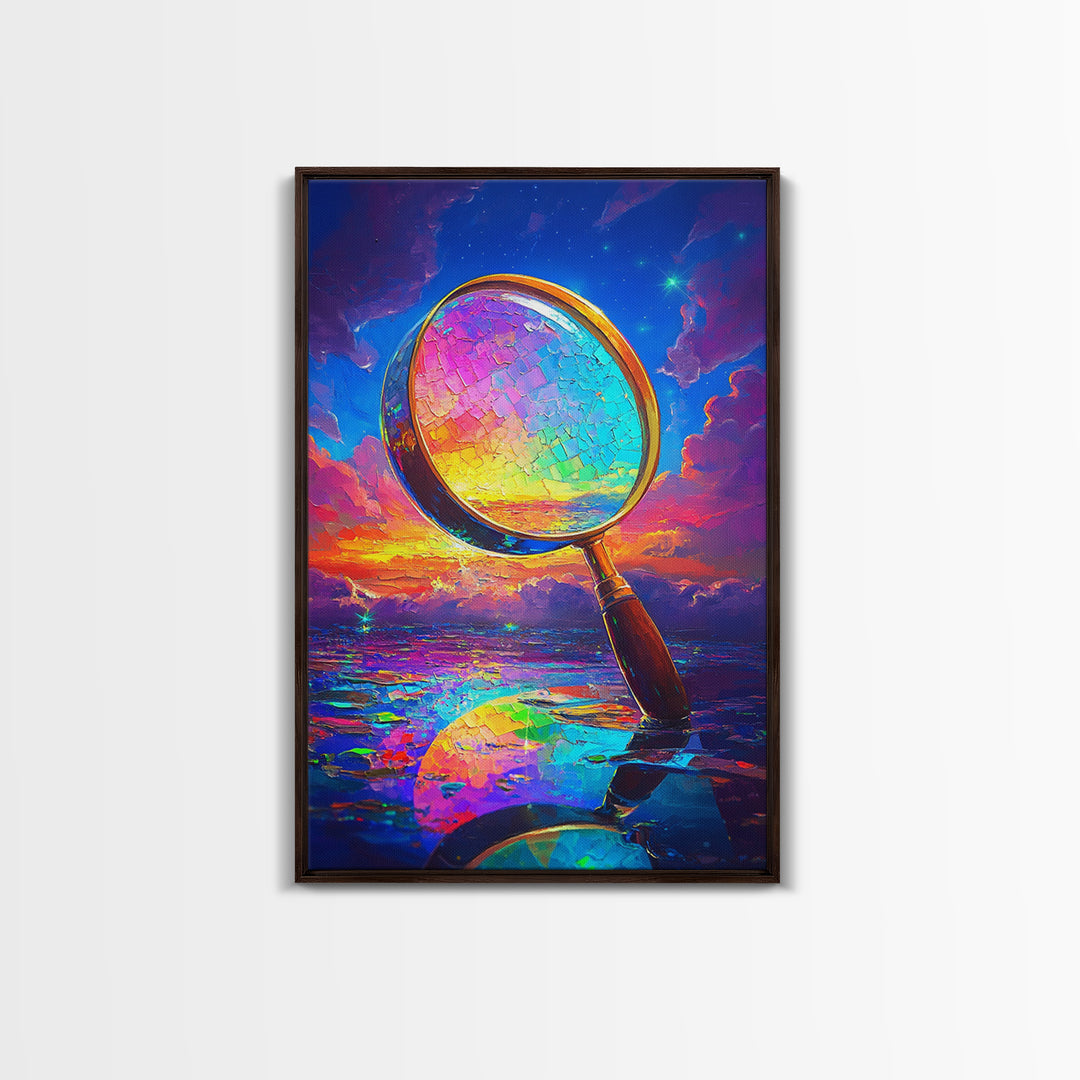 Rainbow Magnifying Glass At Sunset Canvas Print, Surreal Ocean Wall Art, Coastal Seascape Decor, Unique Office Art Gift For Him