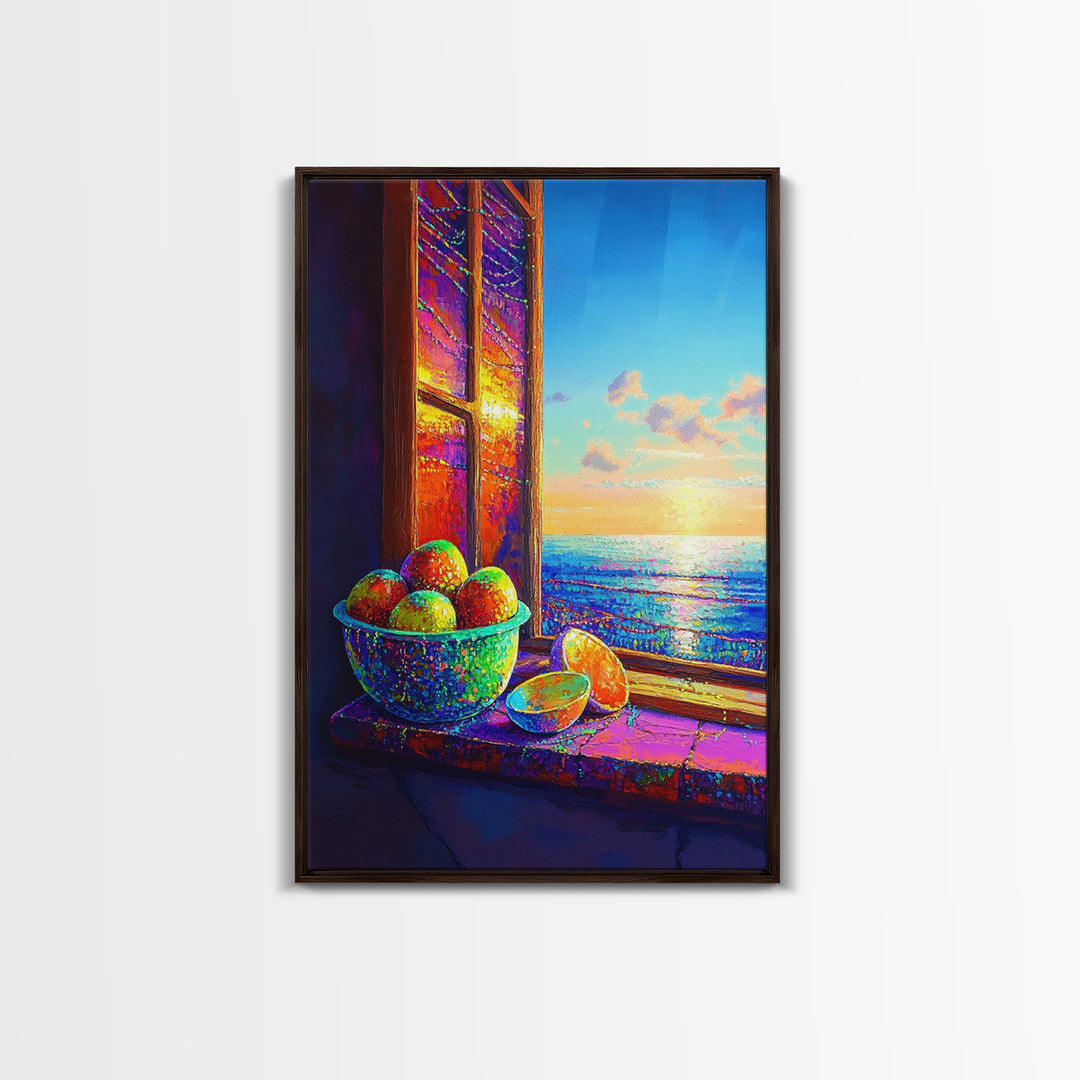 Sunlit Oranges By Ocean Window Canvas Print, Coastal Kitchen Wall Art, Beach House Decor, Vibrant Fruit Still Life Gift For Her
