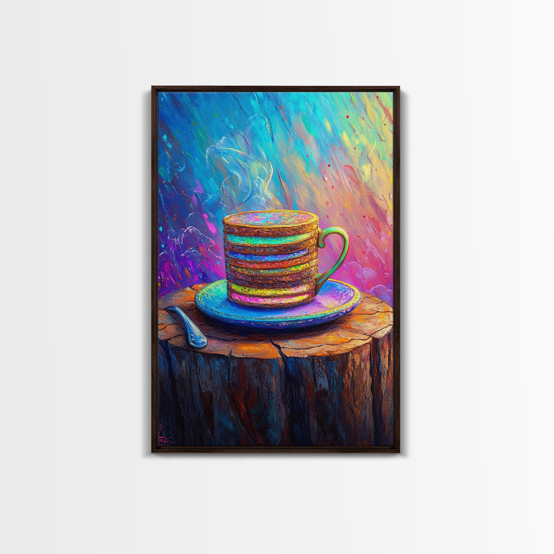 Steaming Rainbow Coffee Cup On Rustic Stump Canvas Print, Cozy Kitchen Wall Art, Coffee Bar Decor, Gift For Coffee Lover