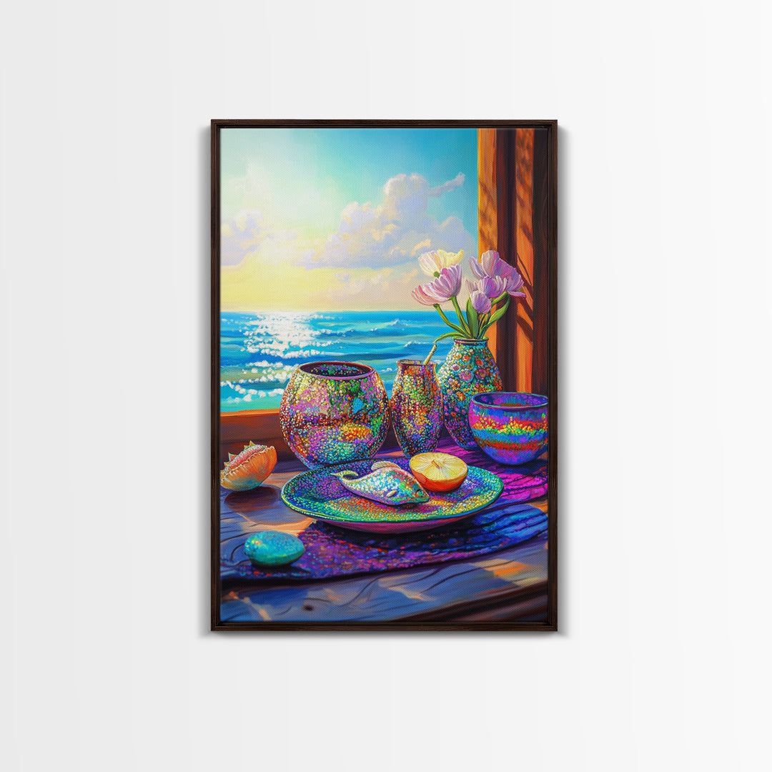 Seaside Shells And Flowers On Sunny Table Canvas Print, Coastal Kitchen Wall Art, Beach House Decor, Ocean Home Decor Gift