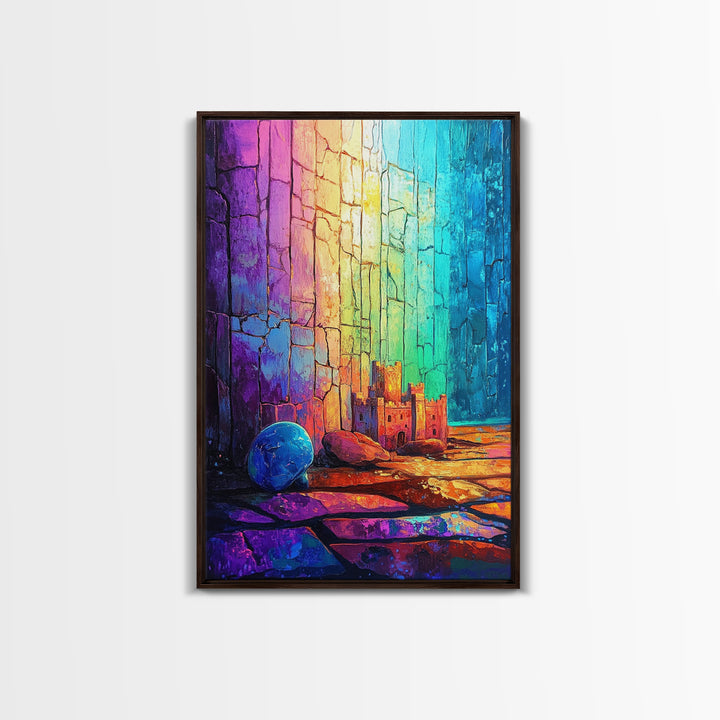 Tiny Castle And Blue Ball In Rainbow Light Framed Canvas Print, Abstract Wall Art, Colorful Decor, Whimsical Fantasy Gift