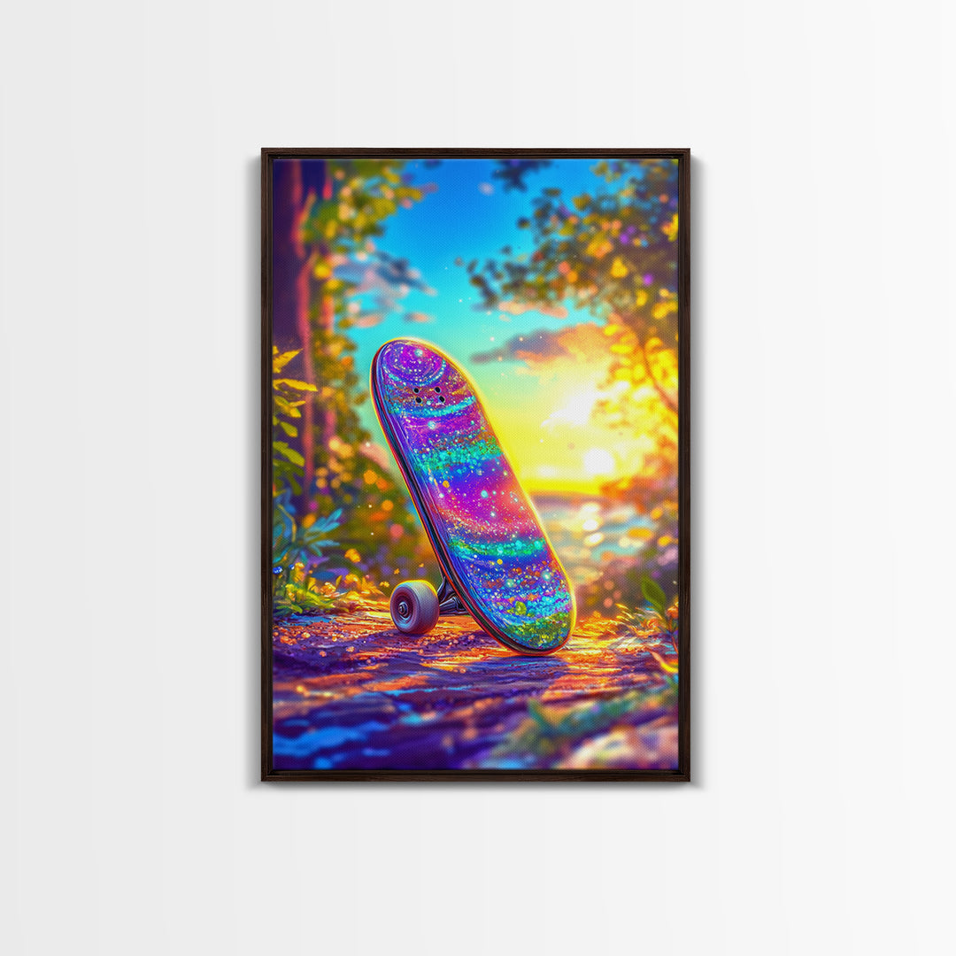 Rainbow Glitter Skateboard At Golden Sunset Wall Art, Canvas Print, Colorful Teen Room Decor, Skateboard Poster, Unique Gift