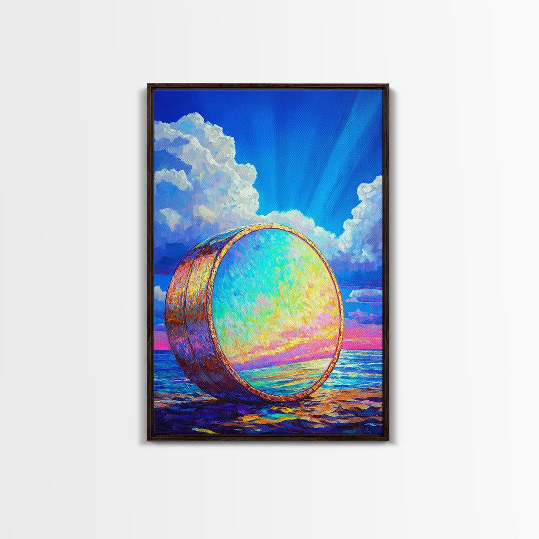 Iridescent Ocean Drum Under Blue Sky Canvas Print, Coastal Wall Art, Music Room Decor, Seascape Art Print, Colorful Gift
