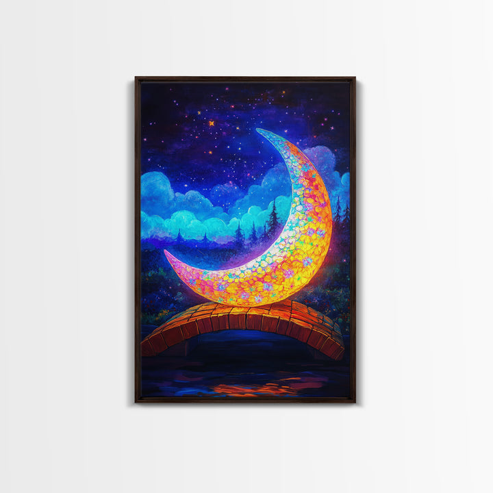 Glowing Crescent Moon Bridge Wall Art, Celestial Canvas Print, Fantasy Nursery Decor, Whimsical Night Sky Art Gift For Kids Room