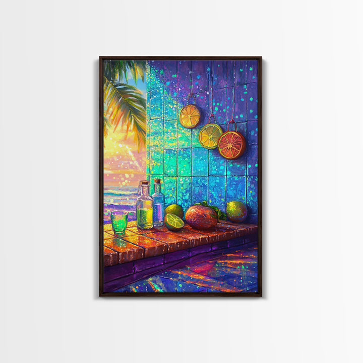 Tropical Citrus Window Still Life Framed Canvas Print, Coastal Kitchen Wall Art, Beach House Decor, Colorful Bar Art Poster