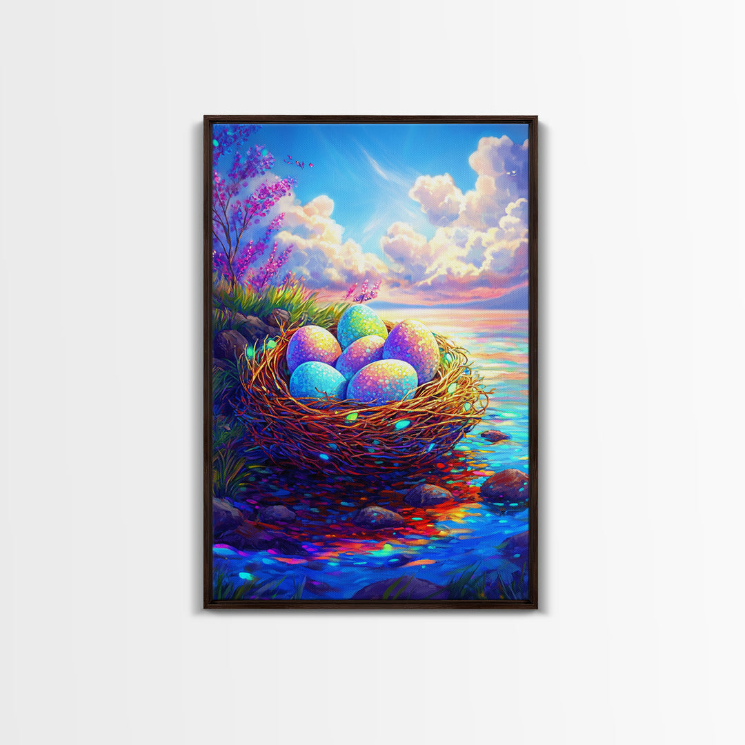 Pastel Eggs In Seaside Nest Wall Art, Colorful Coastal Canvas Print, Easter Nursery Decor, Whimsical Housewarming Gift