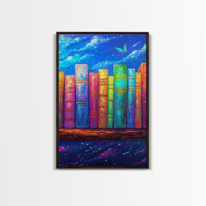 Rainbow Books Under Starry Sky Wall Art, Colorful Library Canvas Print, Book Lover Gift, Reading Nook Home Office Decor Print