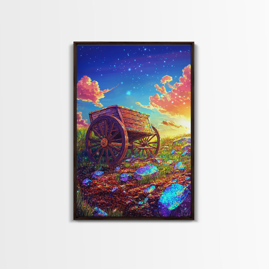 Rustic Wooden Wagon In Starry Meadow Wall Art, Colorful Country Landscape Canvas Print, Western Farmhouse Decor Housewarming Gift