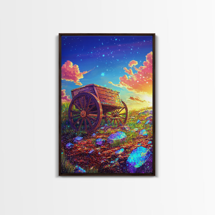 Rustic Wooden Wagon In Starry Meadow Wall Art, Colorful Country Landscape Canvas Print, Western Farmhouse Decor Housewarming Gift