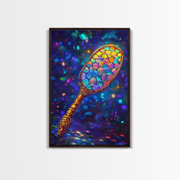 Iridescent Hand Mirror Wall Art, Rainbow Glass Painting, Maximalist Bathroom Decor, Dopamine Decor, Framed Canvas Print, Gift