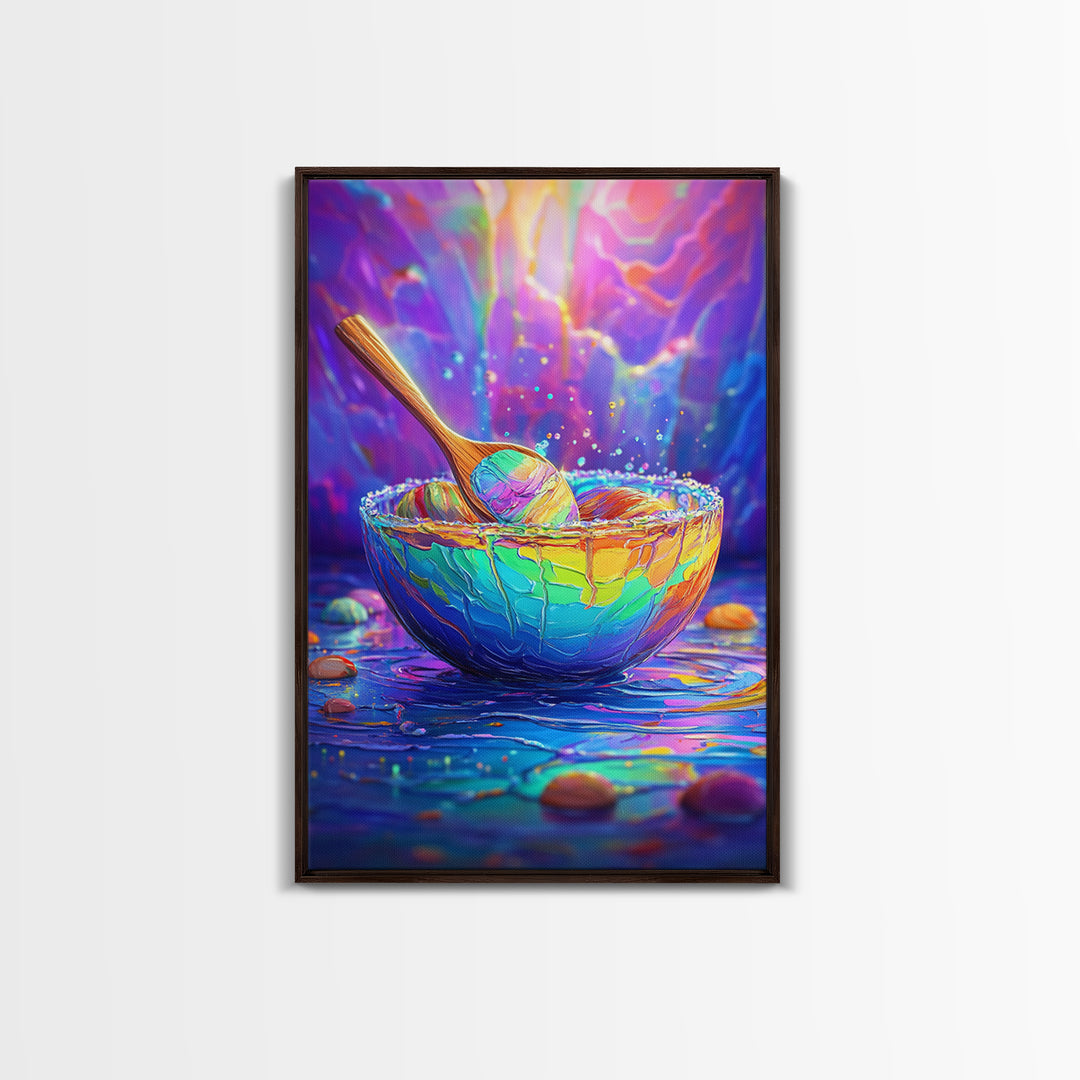 Rainbow Bowl And Spoon Canvas Print, Colorful Kitchen Still Life Painting, Dopamine Decor, Whimsical Wall Art, Foodie Gift