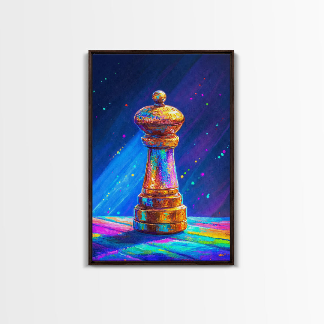 Glowing Rainbow Chess Piece Framed Canvas Print, Game Room Art, Masculine Office Decor, Modern Wall Art, Home Office Decor, Gift For Him