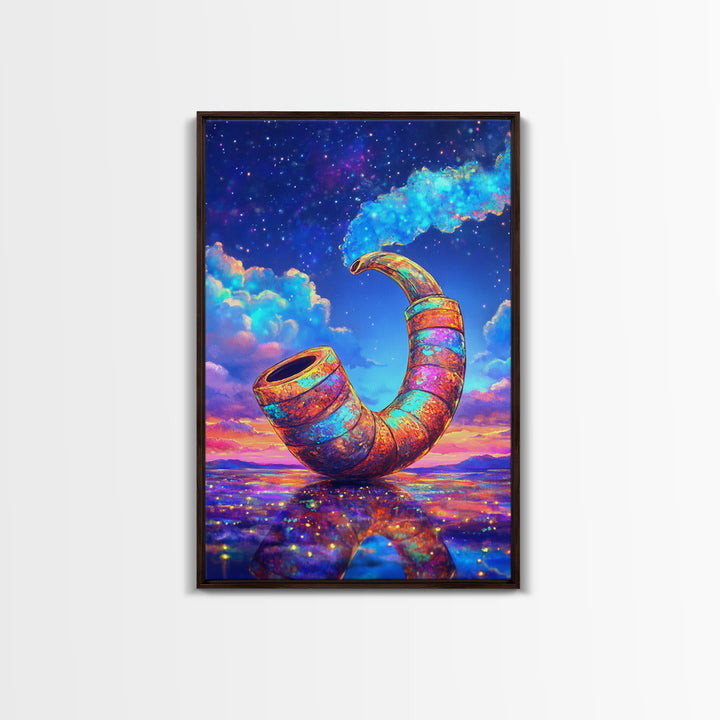 Cosmic Rainbow Smoking Pipe Framed Canvas Print, Surreal Wall Art, Psychedelic Space Decor, Colorful Statement Wall Art