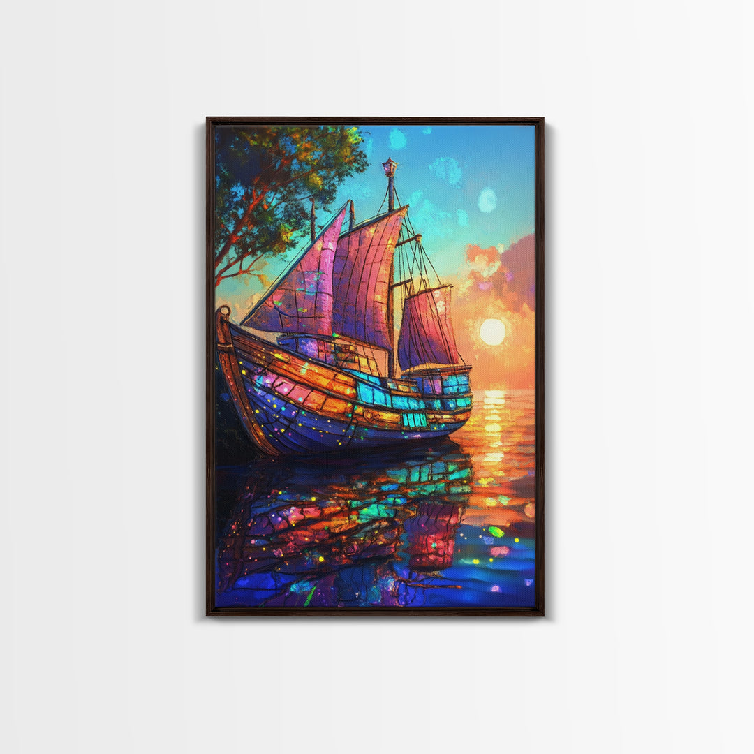 Stained Glass Sailboat At Sunset Canvas Print, Coastal Wall Art, Nautical Decor, Ocean Seascape Living Room Wall Art, Beach House Decor
