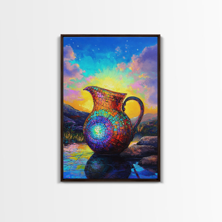 Mosaic Rainbow Pitcher At Sunrise Framed Canvas Print, Colorful Wall Art, Southwestern Decor, Mountain Landscape Painting