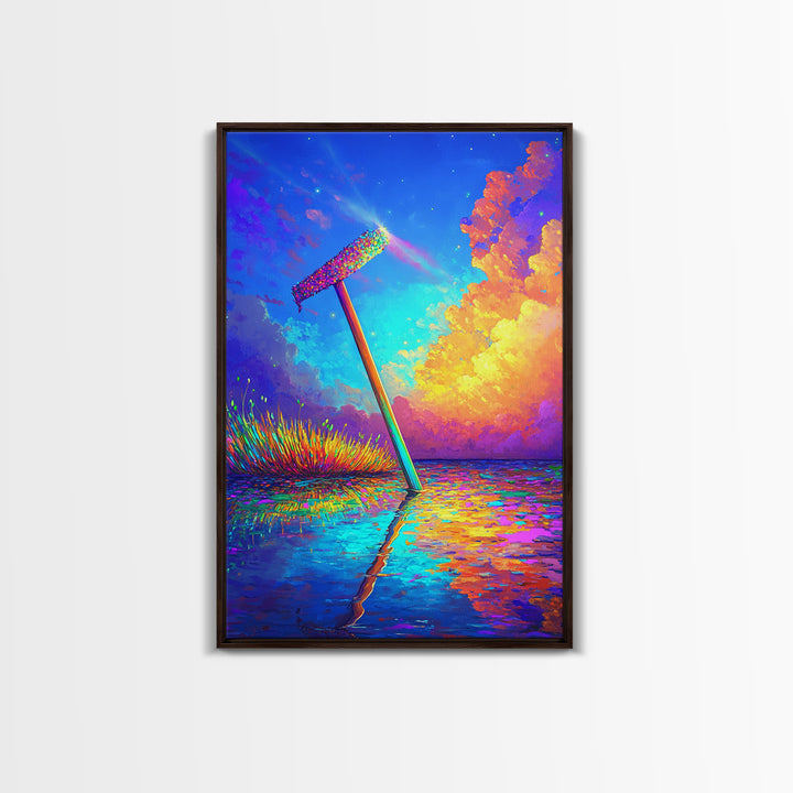 Glowing Rainbow Squeegee In Water Canvas Print, Surreal Wall Art, Dopamine Decor, Colorful Abstract Landscape, Statement Wall Art