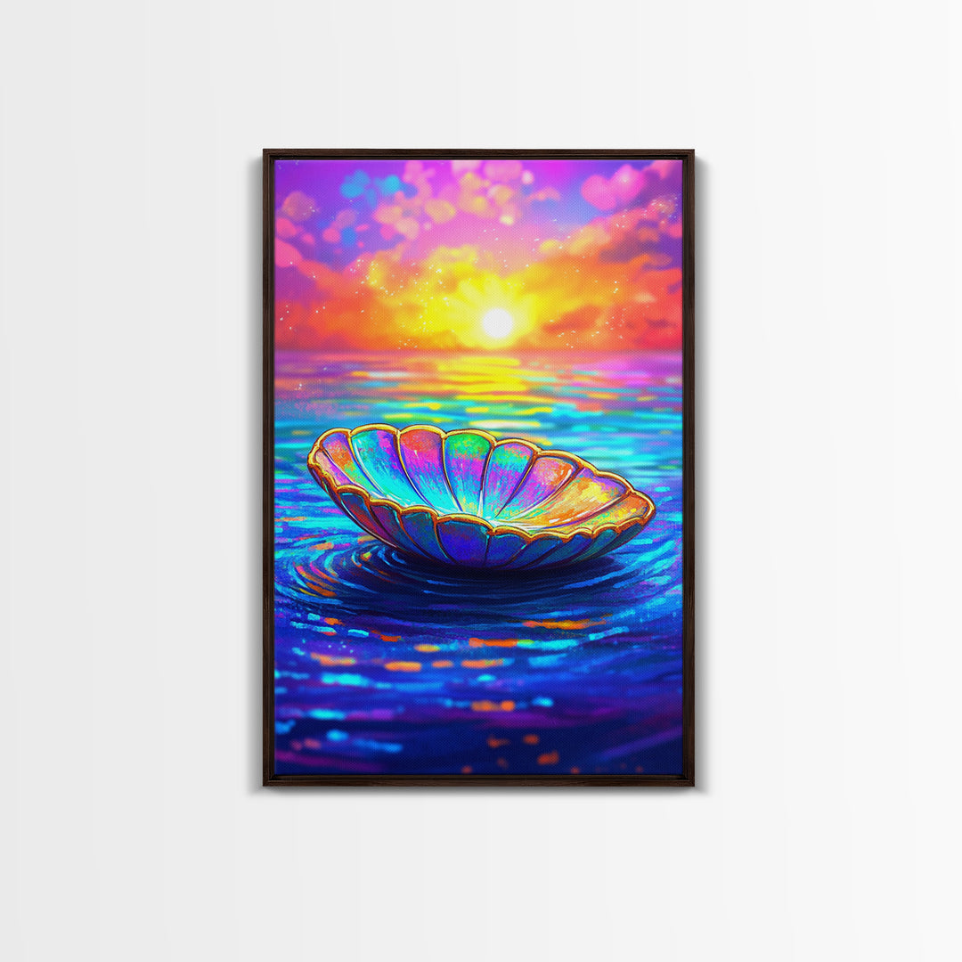 Iridescent Shell Bowl At Ocean Sunset Wall Art, Coastal Decor, Beach House Art, Colorful Seascape Canvas Print, Living Room Wall Art
