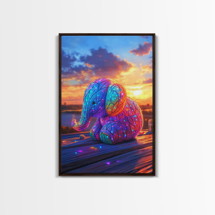 Glowing Rainbow Baby Elephant At Sunset Wall Art, Whimsical Animal Art, Nursery Wall Art, Colorful Kids Room Decor Cute Gift