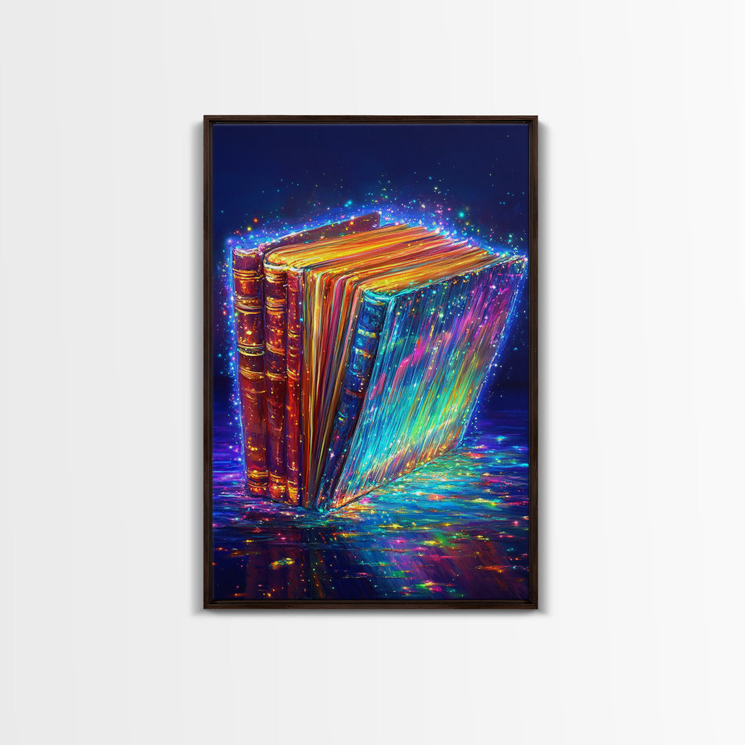 Glowing Rainbow Books With Sparkling Magic Wall Art, Library Decor, Book Lover Gift, Dark Academia, Fantasy Art Print, Home Decor