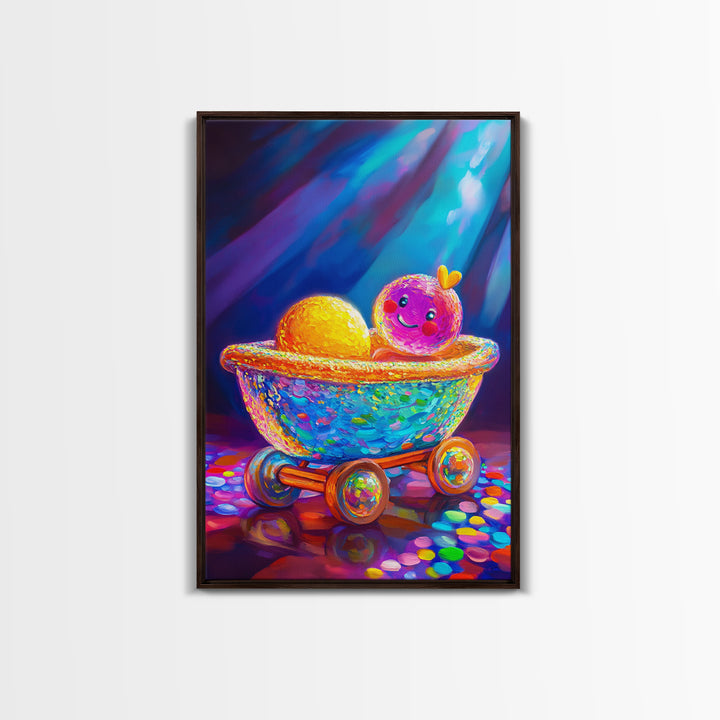Whimsical Toy Wagon With Smiling Doll Canvas Print, Colorful Nursery Wall Art, Playroom Decor, Kids Room Art, Cute Gift Idea