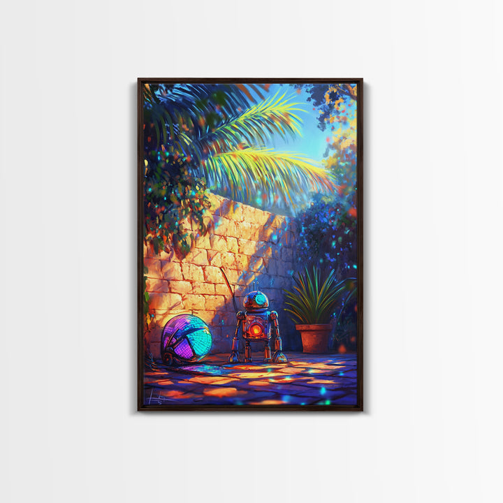 Tiny Robot With Yarn In Tropical Courtyard Canvas Print, Whimsical Sci Fi Wall Art, Futuristic Decor, Kids Room Art, Gift