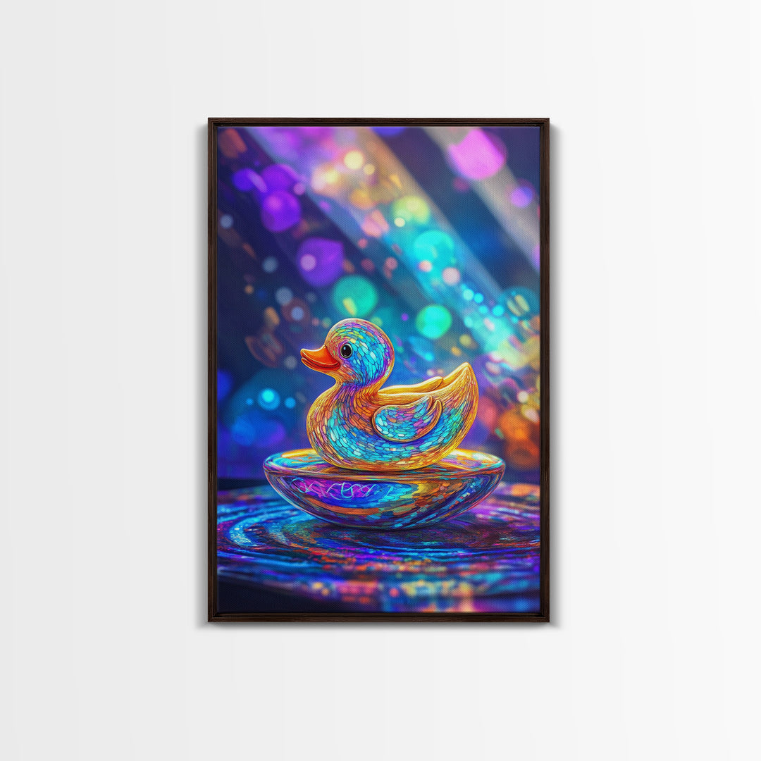 Glowing Rainbow Rubber Duck Canvas Print, Whimsical Animal Wall Art, Cute Bathroom Decor For Kids Room And Nursery Gift