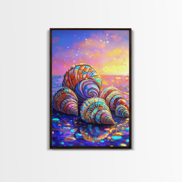 Rainbow Seashells On Sunset Shore Canvas Print, Coastal Wall Art, Beach House Decor, Ocean Wall Decor, Summer Gift For Her