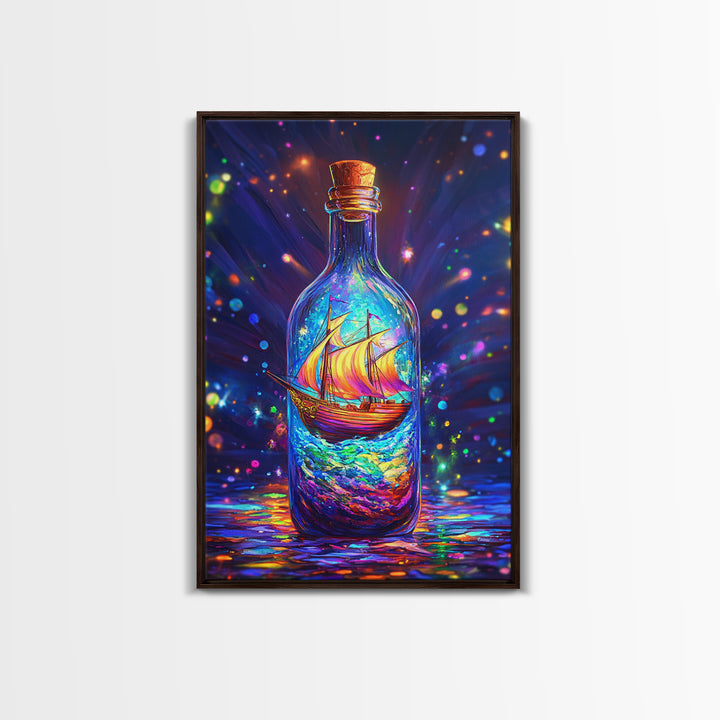 Glowing Ship In A Bottle Framed Canvas Print, Nautical Wall Art, Fantasy Ocean Decor, Coastal Gift For Him Or Her, Statement Artwork