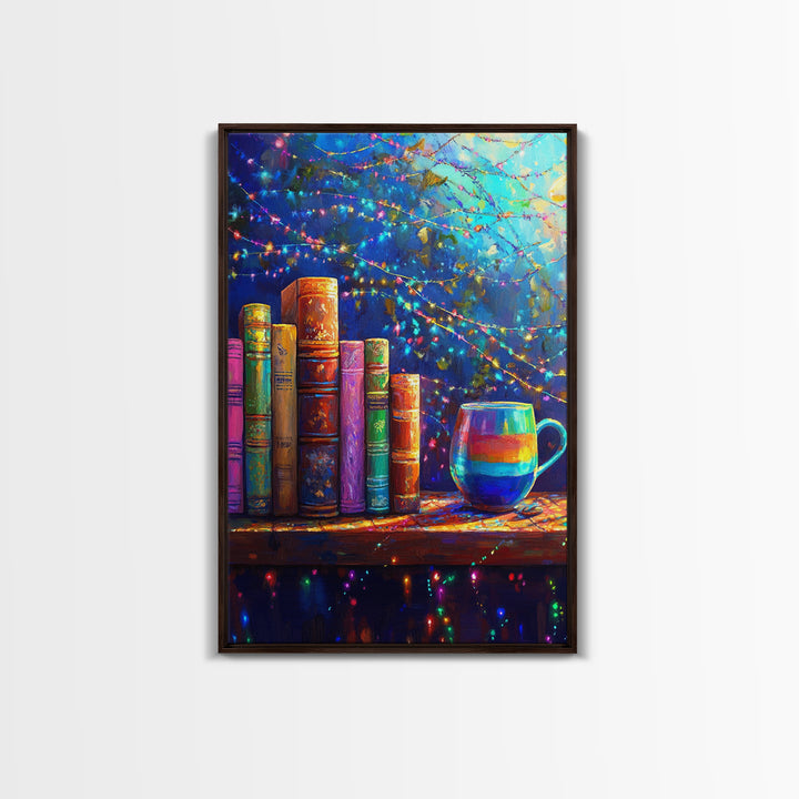 Cozy Books And Rainbow Mug Wall Art, Bookish Library Canvas Print, Reading Nook Decor, Gift For Book Lover, Cozy Home Decor