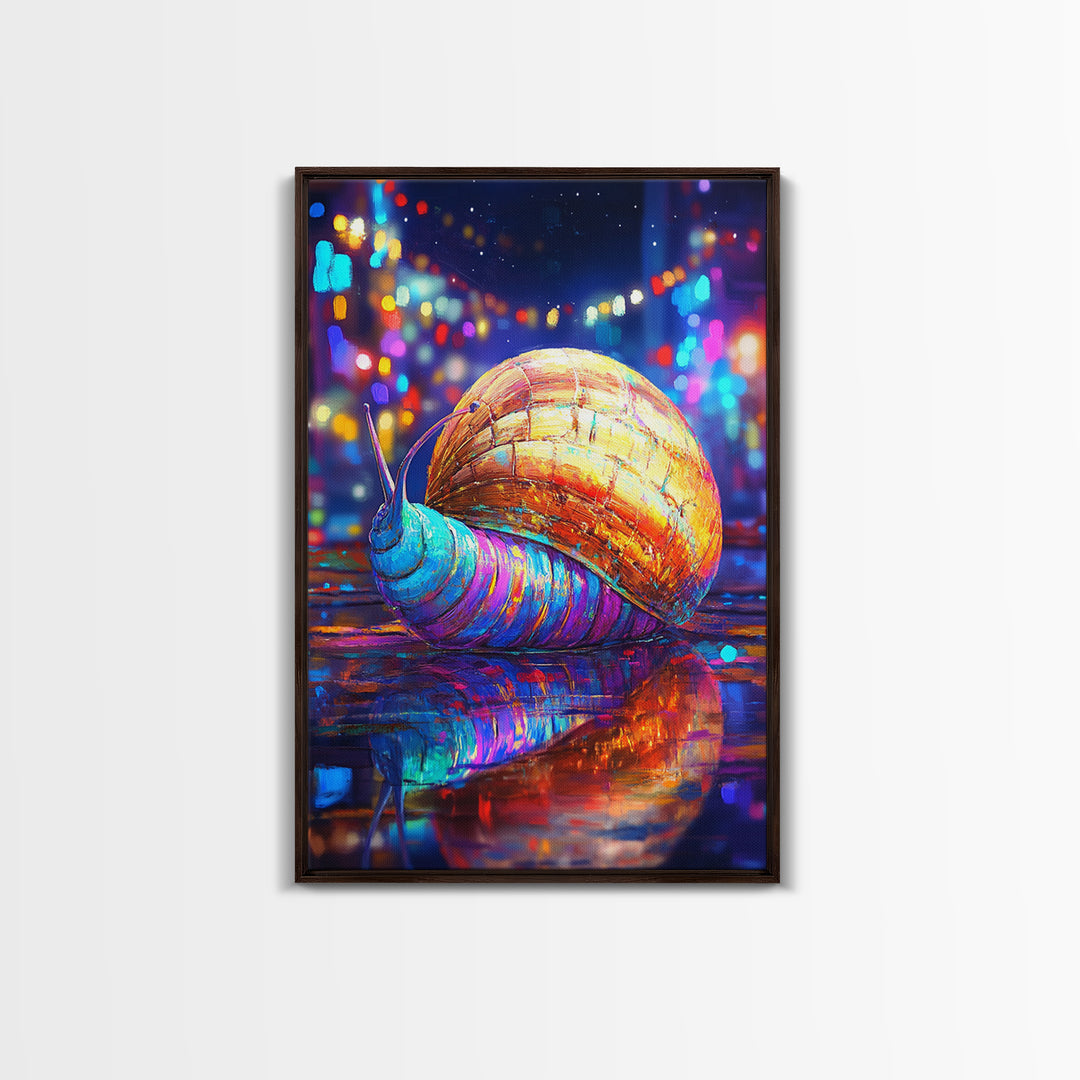 Neon Snail On Rainy Street Wall Art, Whimsical Animal Canvas Print, Cyberpunk City Decor, Funny Gift For Animal Lover, Vibrant Wall Decor