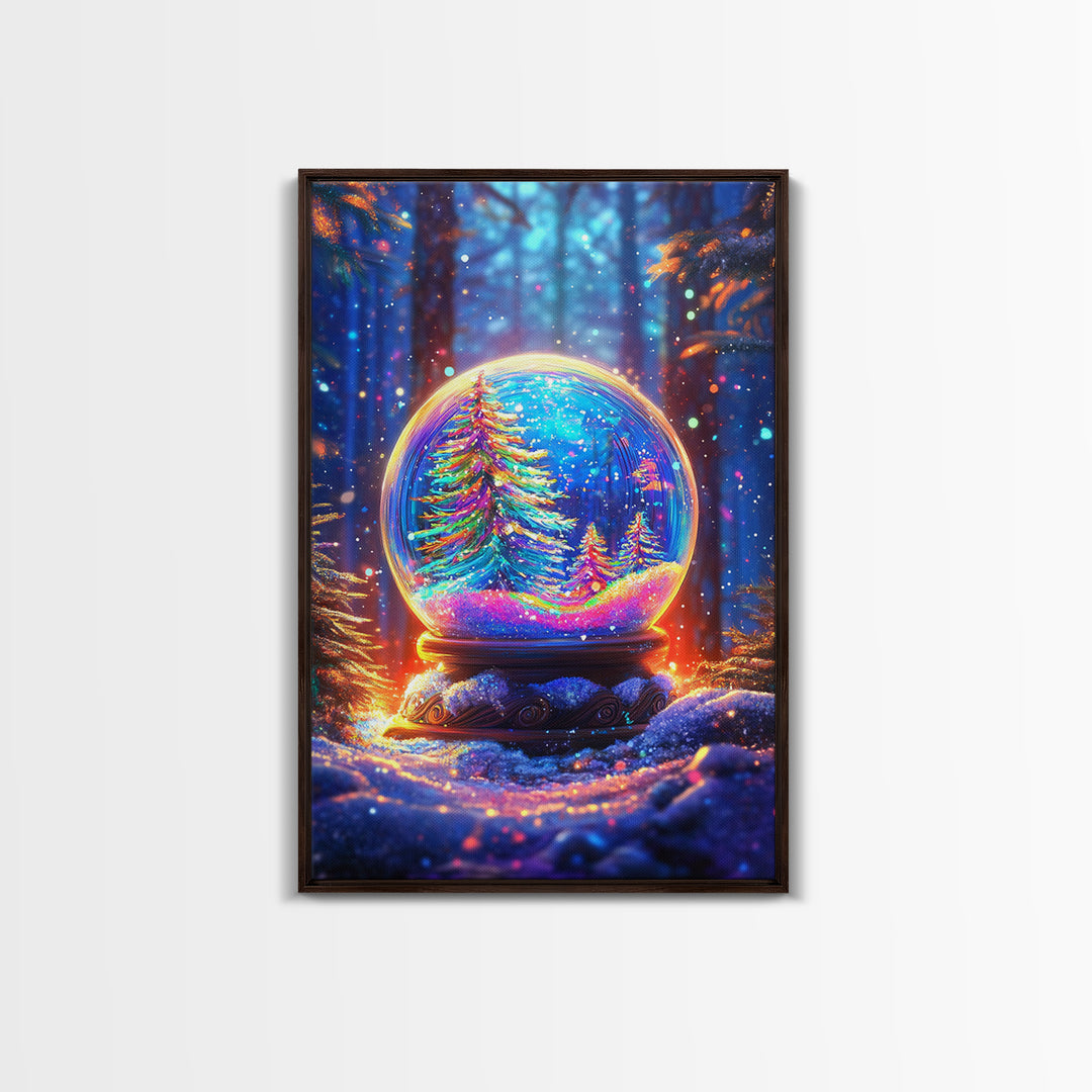 Glowing Winter Forest Snow Globe Framed Canvas Print, Christmas Wall Art, Cozy Holiday Decor, Magical Nature Gift, Living Room Decor
