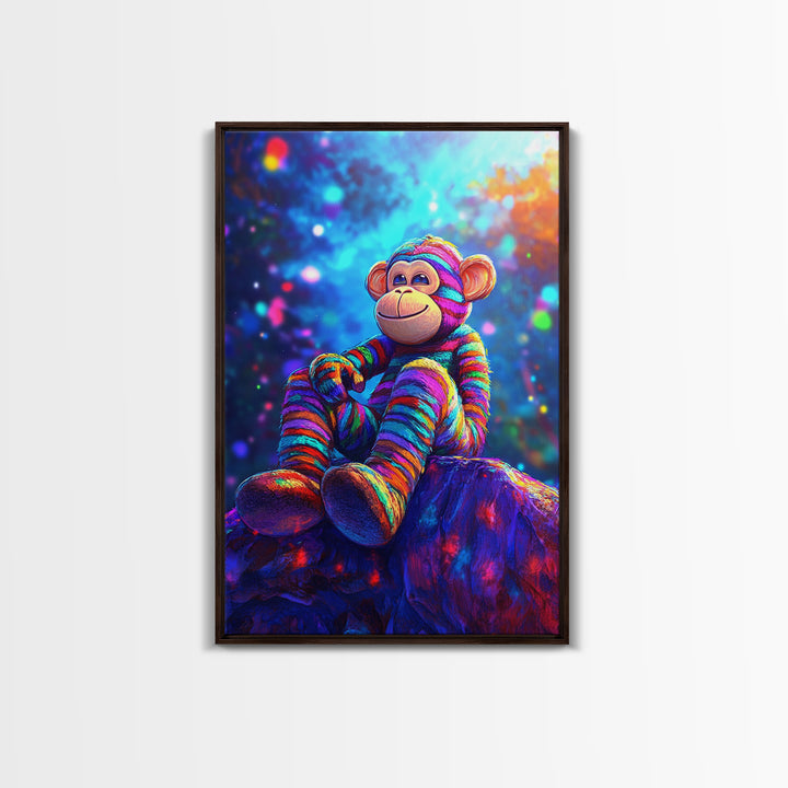 Rainbow Sock Monkey On Rock Wall Art, Whimsical Animal Canvas Print, Cute Nursery Decor, Kids Room Decor, Playroom Wall Decor