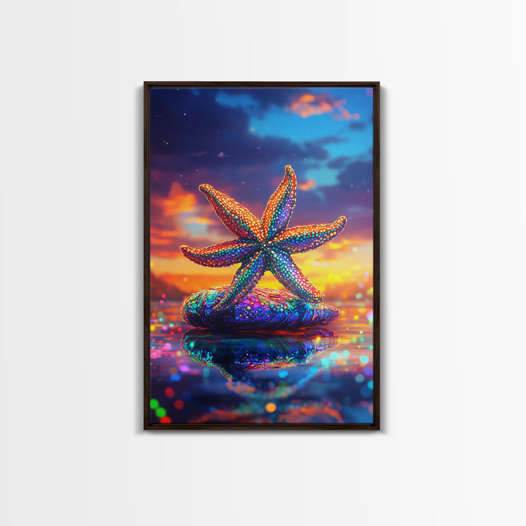 Beaded Rainbow Starfish On Shell At Sunset Canvas Print, Coastal Wall Art, Ocean Decor, Beach House Art, Gift For Her, Summer Decor