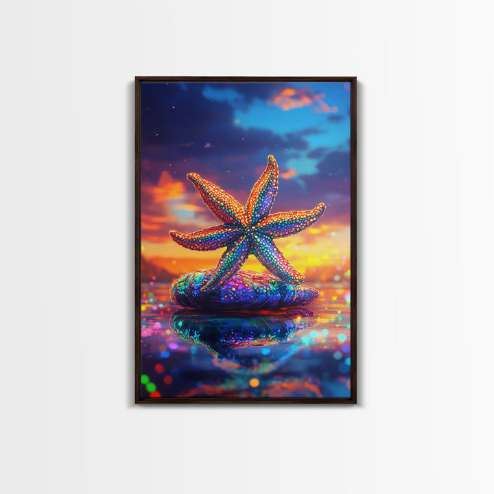 Beaded Rainbow Starfish On Shell At Sunset Canvas Print, Coastal Wall Art, Ocean Decor, Beach House Art, Gift For Her, Summer Decor