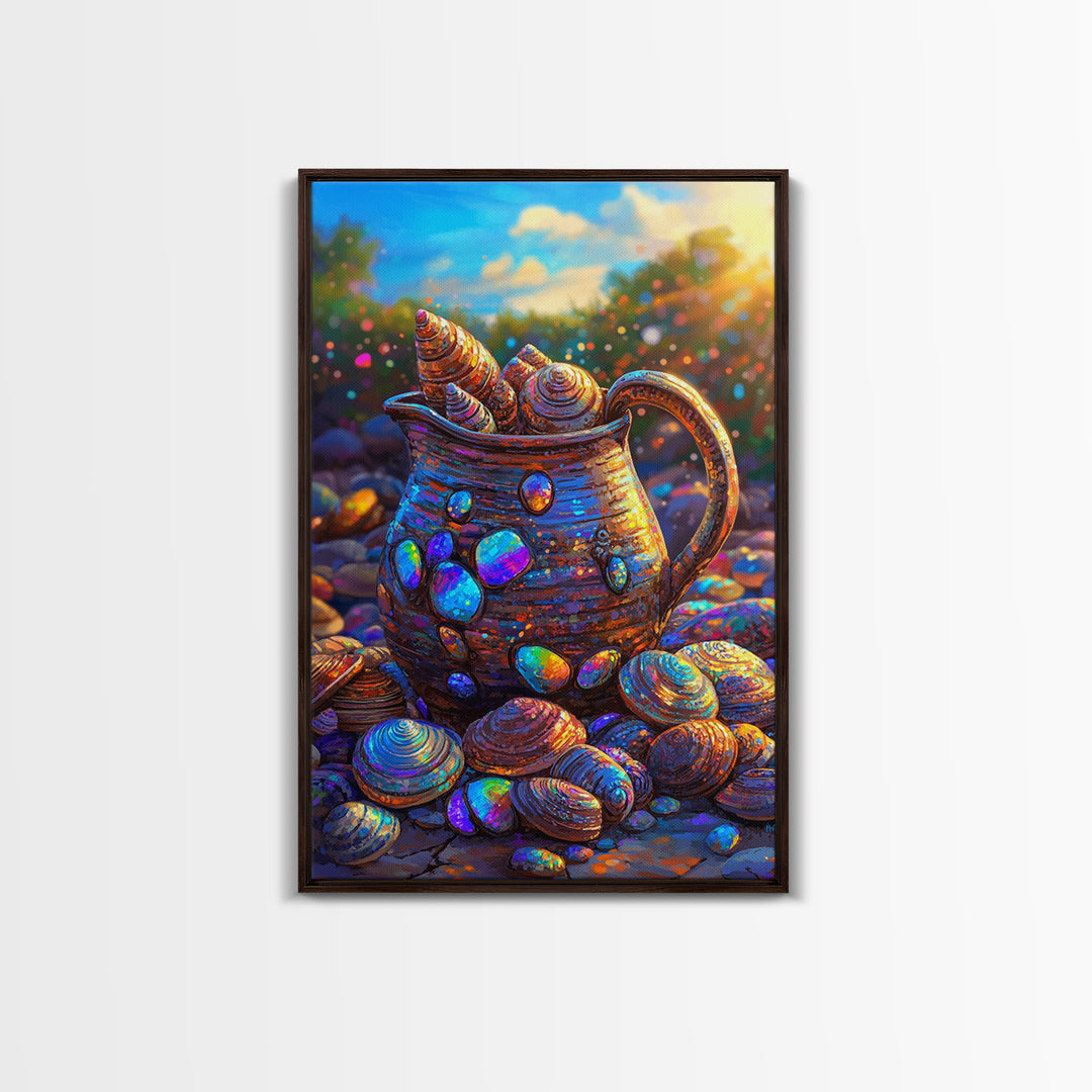 Iridescent Seashell Pitcher On Pebble Shore Wall Art, Coastal Canvas Print, Beach House Decor, Nautical Art For Living Room