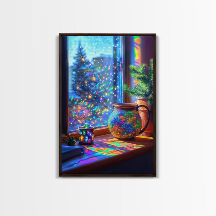 Cozy Winter Window Mug With Twinkle Lights Canvas Print, Christmas Wall Art, Colorful Home Decor, Holiday Kitchen Art Print
